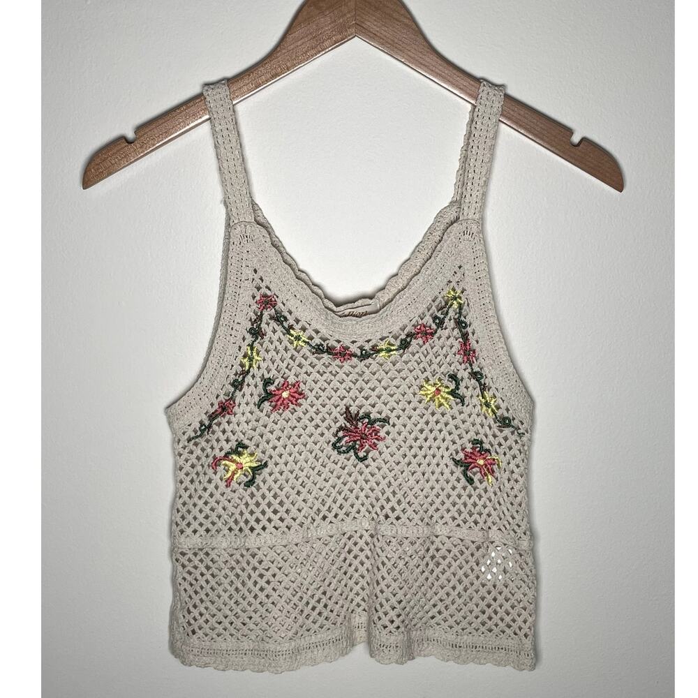 Crochet Open Knit Oatmeal Tank Floral y2k Boho Indie Festival 100% Cotton Small